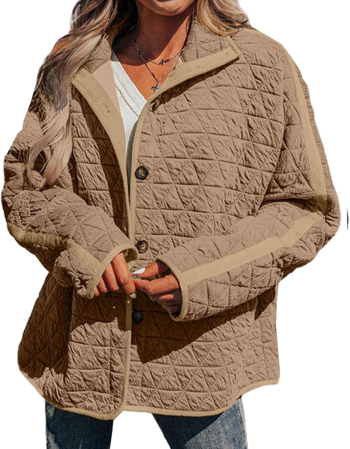 Quilted Jackets for Women Lightweight Button Down Long Sleeve Puffer Jacket Open Front Fashion Cardigan Warm Winter Coat
