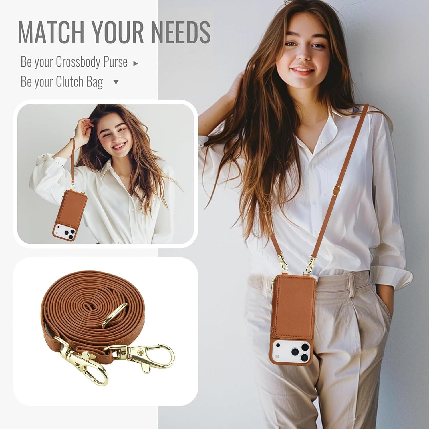 Crossbody Wallet Case for iPhone 17 6.3"/6.5"/6.9",RFID Blocking PU Leather Zipper Handbag Purse Flip Cover Cases with Card Slots,Wrist Strap Lanyard (Brown, for iPhone 17 Pro Max 6.9", iPhone 17)