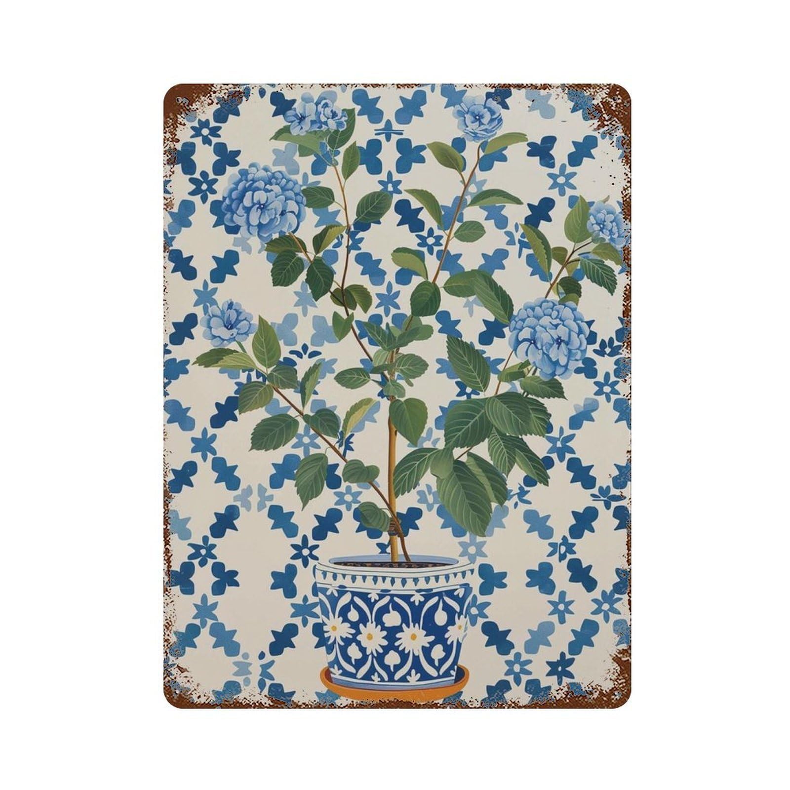 xiaoxiaoshen Chinoiserie Floral Blue Hydrangea Grandmillennial Botanical Vase Elegant Wall Decor Art Metal Tin Poster Modern Home Decor Art Home Bar Shop Decorations Vintage Sign 40x30cm
