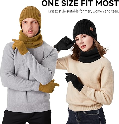 Miniatura 2 de Juego de guantes de invierno para pantalla táctil para hombres y mujeres gorro de punto con forro polar cálido