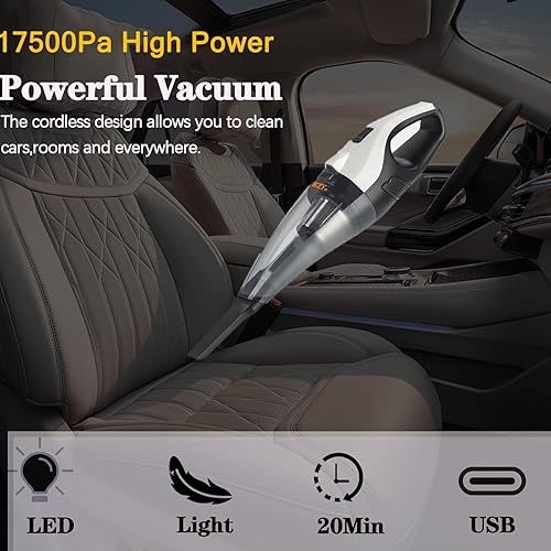 Miniatura 6 de BZY - Aspiradora de mano inalámbrica recargable de 17500 Pa de succión fuerte pequeña aspiradora de mano con luz LED, aspiradora portátil para