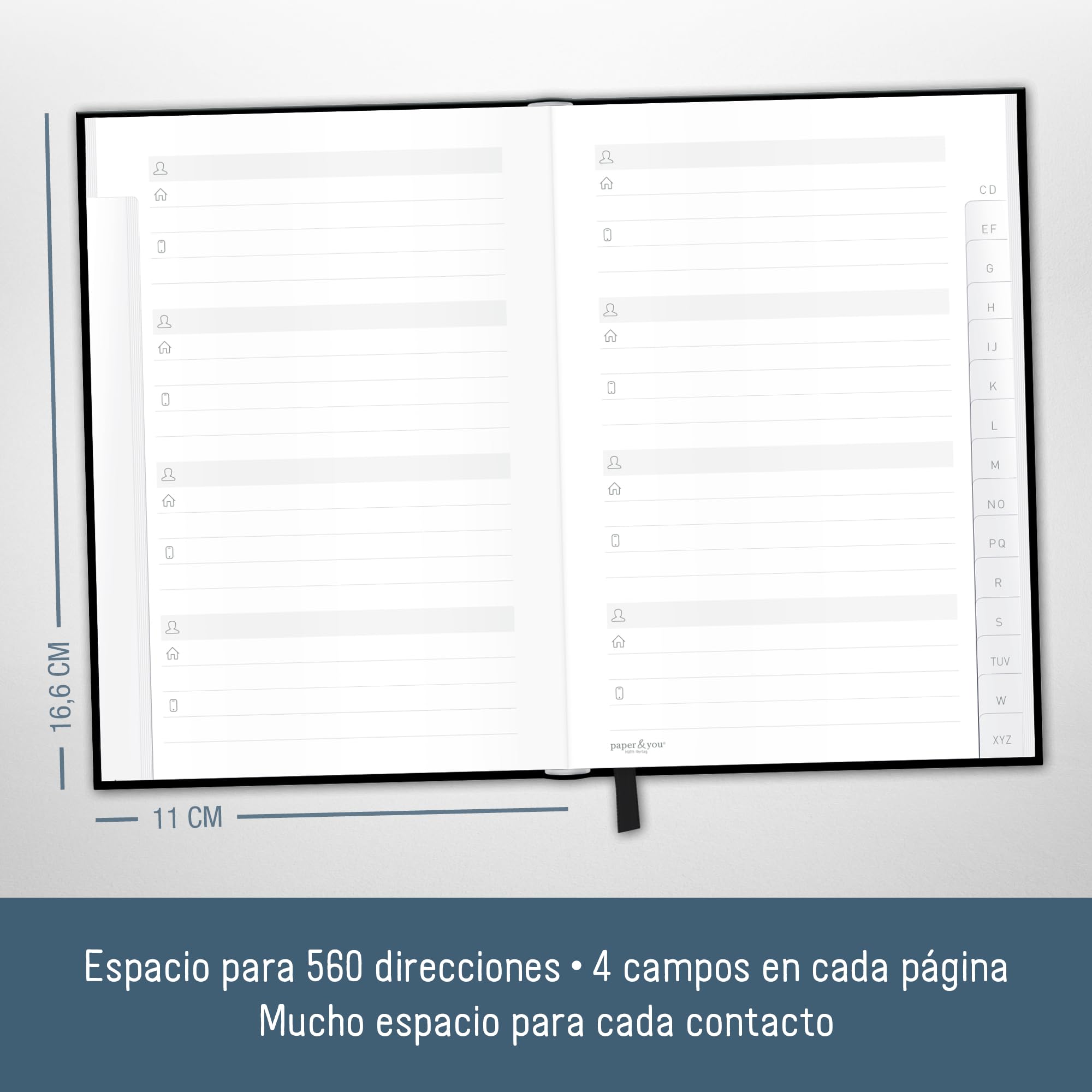 paper&you® libreta de direcciones A6+ con índice A-Z y papel premium de 120 g/m² "Edición negra" para contactos, cumpleaños y contraseñas - sostenible & respetuosa con el clima