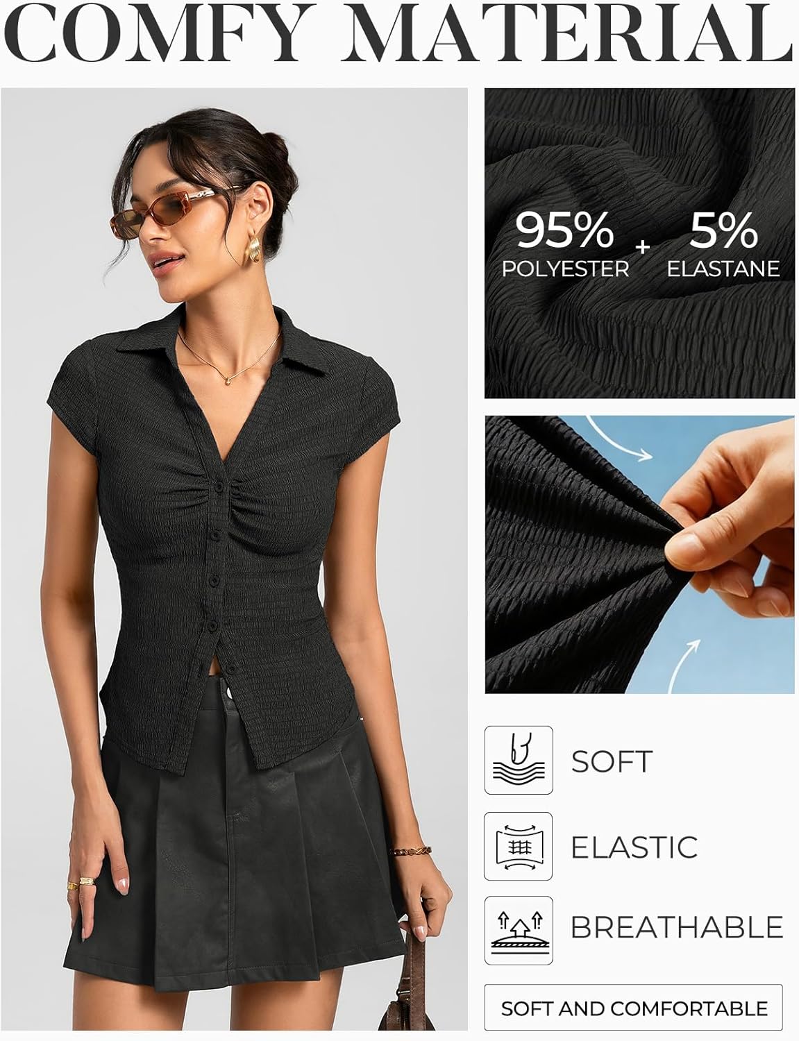 Kate Kasin Women Button Down Textured Blouse, V-Neck Ruched Tops with Y2K Collar, Slim Fit Cap Sleeve Going Out Casual Shirt - Image 3