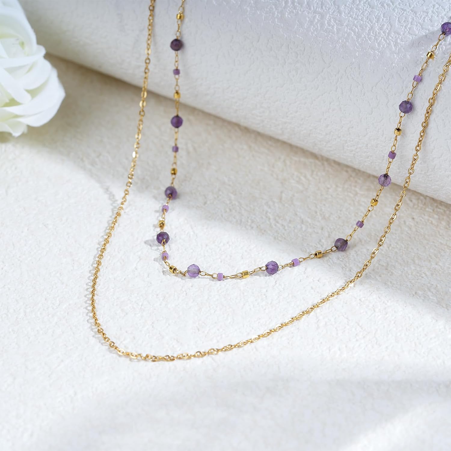Natural Gemstone Layered Necklace for Women 18k Gold Plated Bead Chain Necklace Healing Crystal Gemstone Jewelry Birthday Gift for Wife Girlfriend Mother