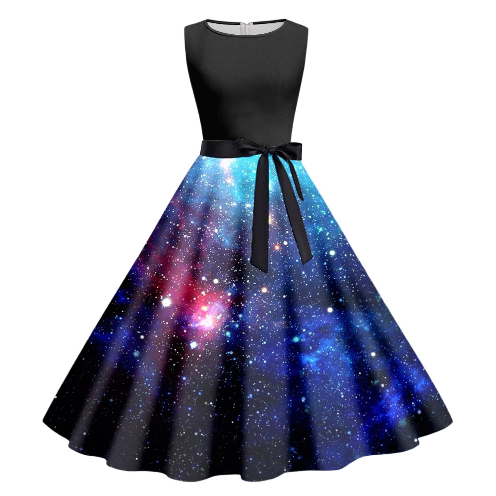 Zanisouta Galaxy Costume Women's Colourful Cocktail Dress Galaxy Dress Long Space Planets Round Neck Swing Skirt Carnival Starry Sky Short Sleeve Dress Space Digital Print Glitter Dress, R Blue, XXL