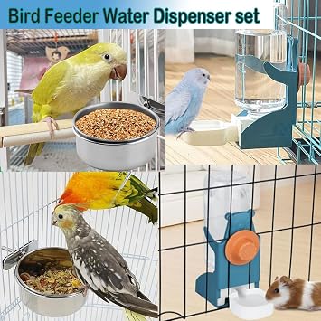 No Mess Bird Feeder Water Dispenser Set, Automatic Parrot Feeder Cage Accessories, Clear Parakeet Seed Container Food Feeder Drinker for Cage, Cockatiel Finch Lovebirds Budgies Canary (Set-A)