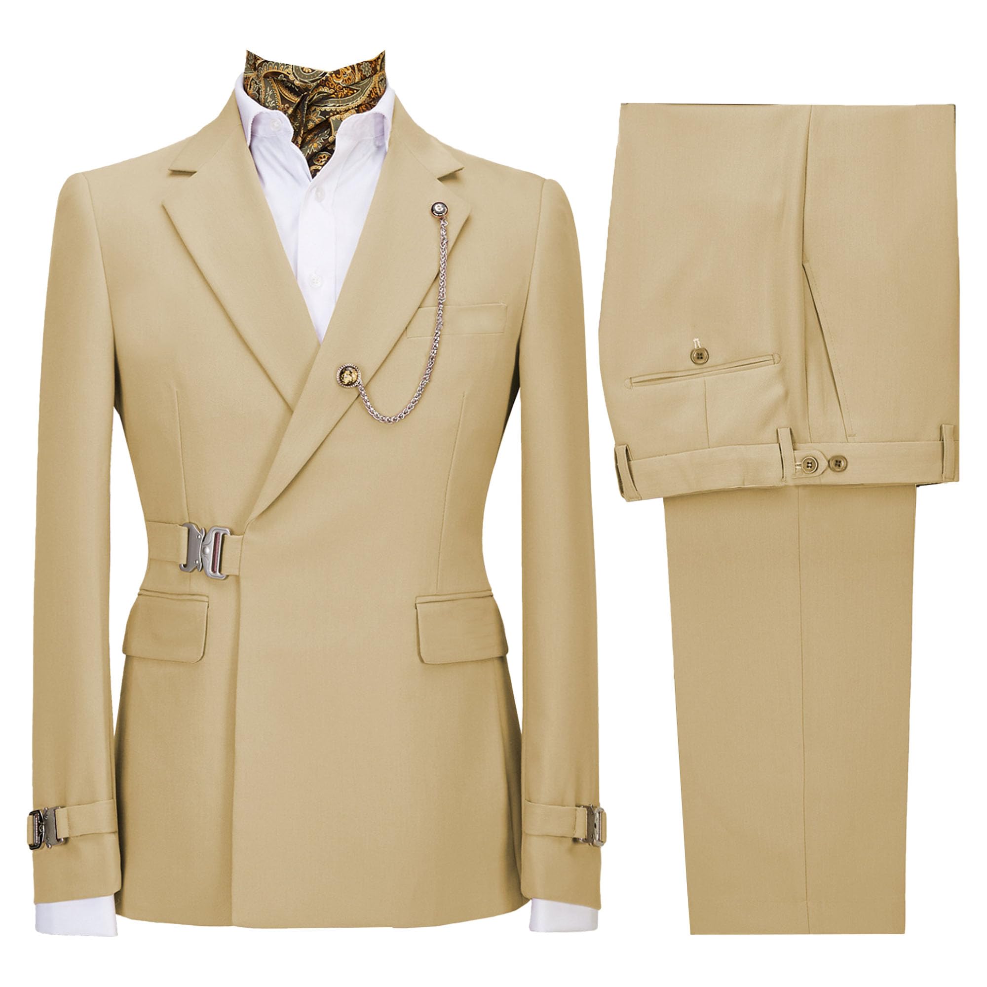 Men's 2 Piece Suit with Metal Clasp Slim Fit Suit Stylish Business Pants Casual Wedding Grooms Tuxedo Suit