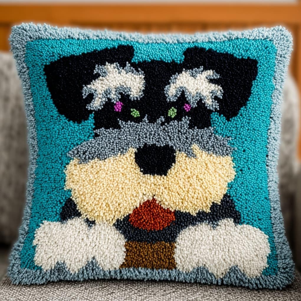 Henypt Premium Latch Hook Kit,Schnauzer Dog 43x43cm DIY Sofa Pillow Cover,Printed Pattern Crochet Kit with Tools & Yarn for All Ages