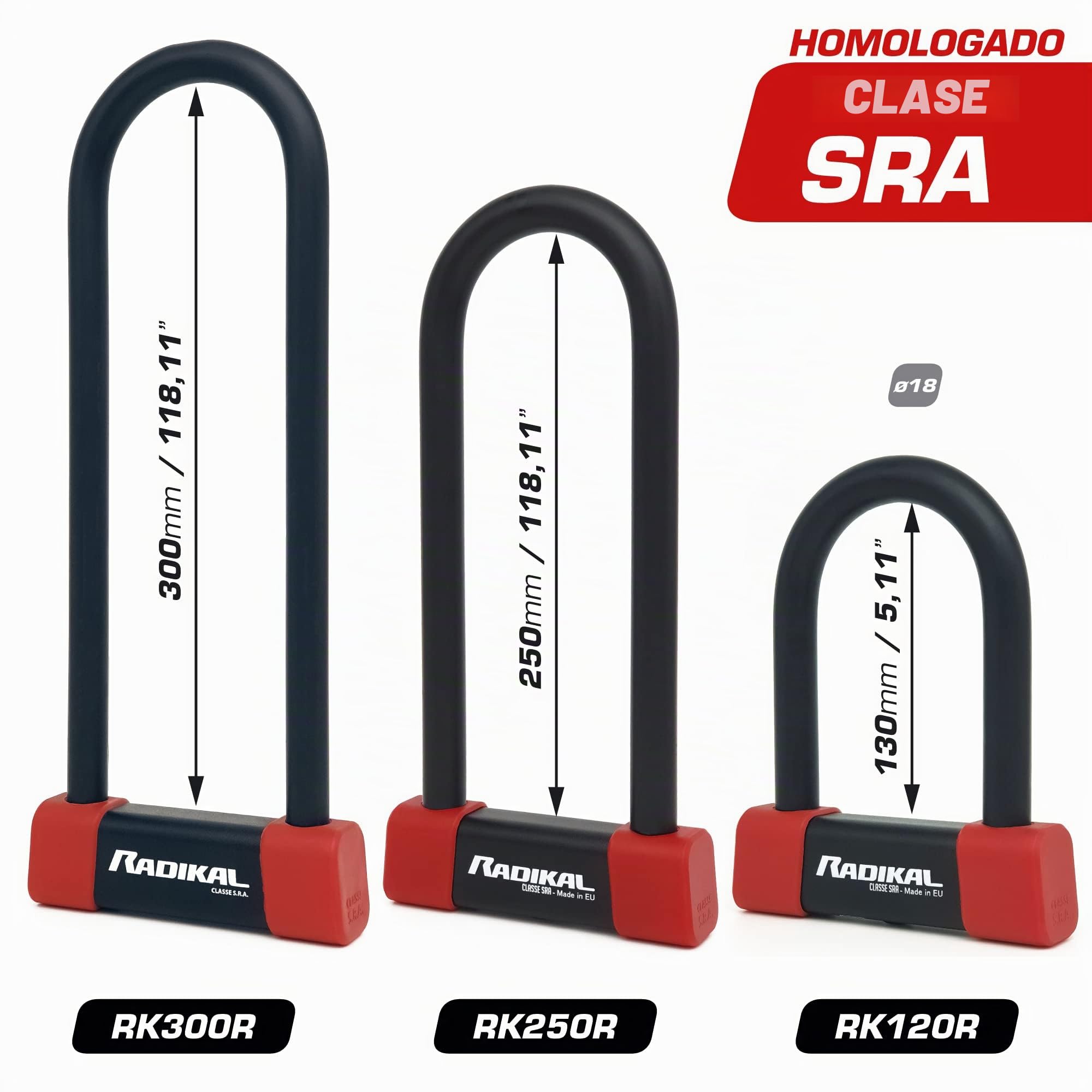 RADIKAL RK120R Candado Moto U Alta Seguridad Homologado SRA, 120x120mm, Arco ø18mm Acero Cementado Revestido de Doble Cierre, Cerradura Antiganzúa, Antirrobo U para Motocicleta Scooter, Bici Eléctrica