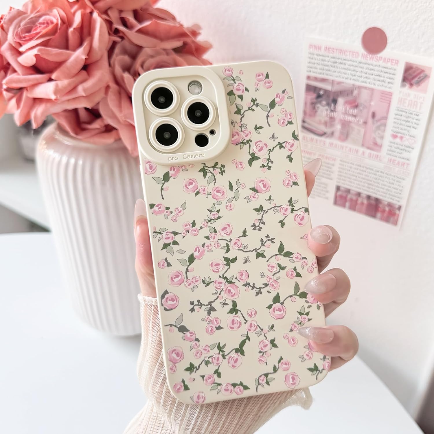 Condition photo showing New/Like New for nititop compatible with iphone 15 pro max case cute aesthetic flower floral vintage rose pattern design for women girls soft tpu white back shockproof protective phone cover - light pink light pink iphone 15 pro max