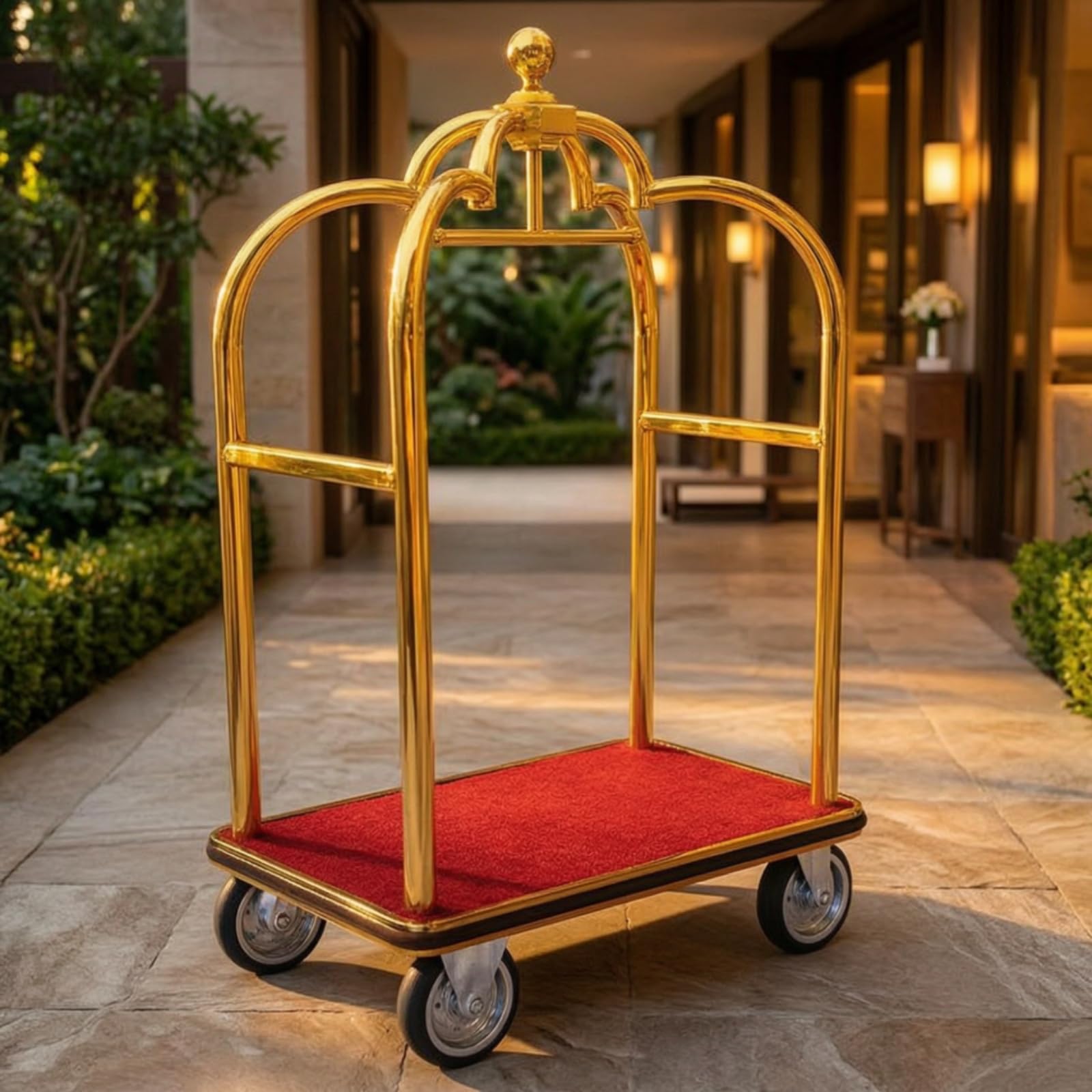 Carro de Equipaje para Hotel Carrito Maletero Portaequipajes Carro Porterero Acero Inoxidable Estructura Robusta Base Alfombrada Giratorios 4 Ruedas