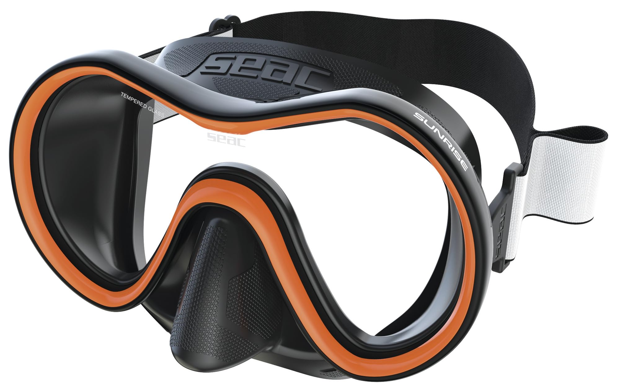 SEAC Sunrise, Single Lens Tempered Glass Mask for Diving and Snorkeling with 3D Buckle, with Fabric or Silicone Headband