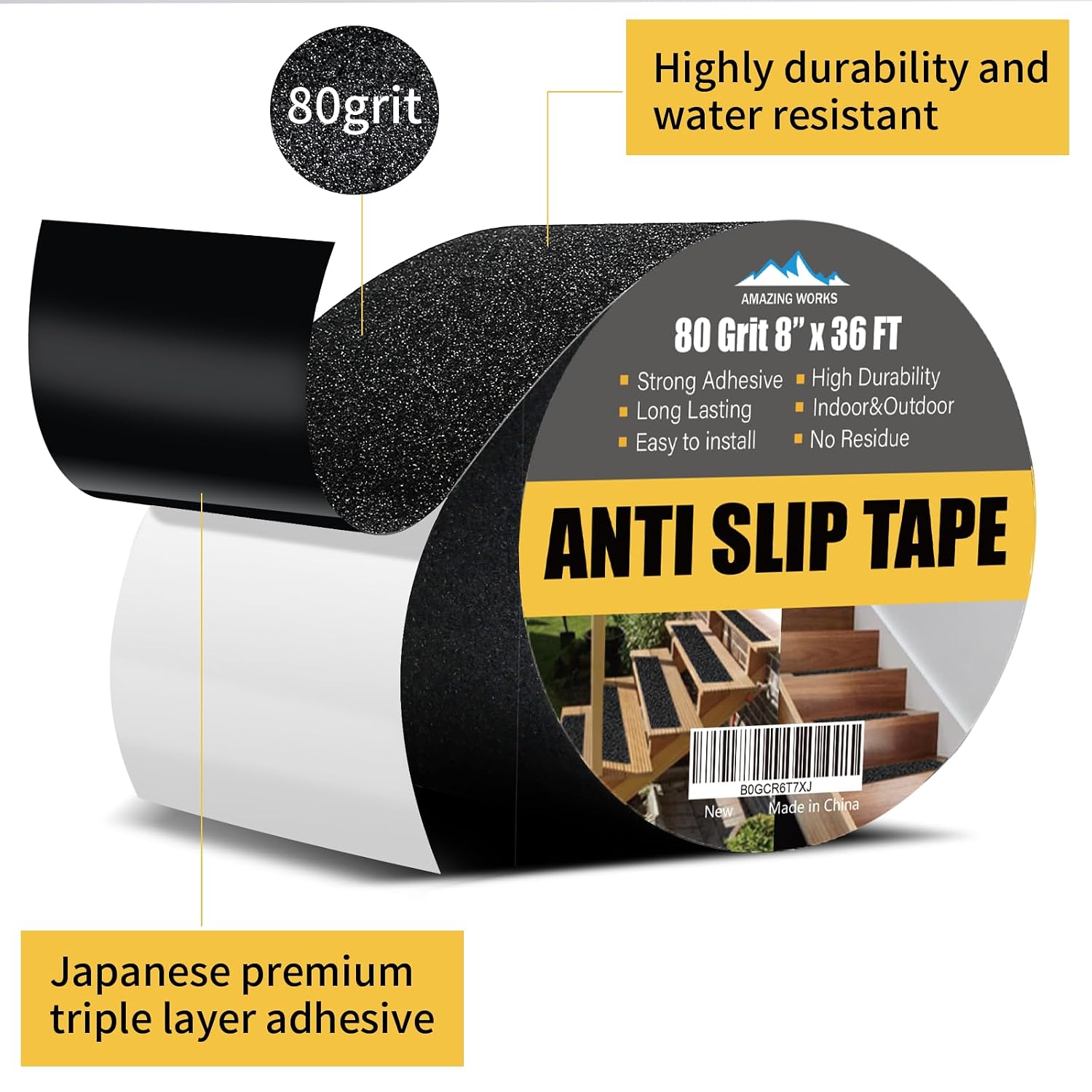 Grip Tape - Heavy Duty Anti Slip Tape, Grip Tape Grit Non Slip for Stairs Outdoor/Indoor, Waterproof High Traction Stairs Non Skid Tape, Durable Triple Layer Adhesive (8 Inch x 36 Feet)