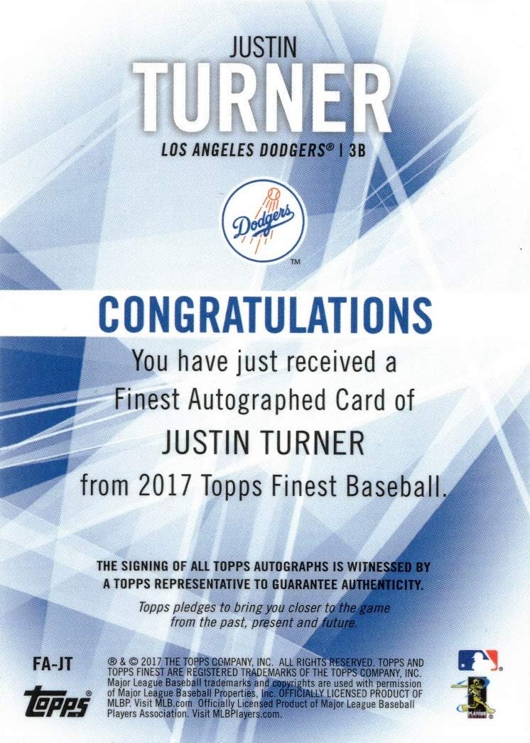 2017 Topps Finest #FA-JF Justin Turner Certified Autograph Baseball Card