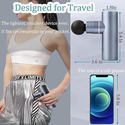 Miniatura 6 de Mini pistola de masaje, percusión muscular de tejidos profundos con 4 accesorios, pistola masajeadora portátil eléctrica de metal completo para Gris