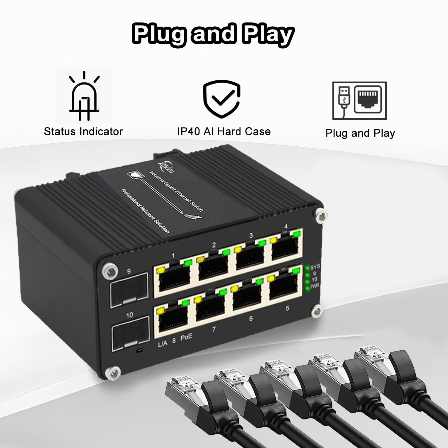 Commutatore di Ethernet di PoE del porto di industriale 8 con la scanalatura di 2 SFP, commutatore di rete di gigabit che sostiene la guida DIN, input di potere 48~57VDC