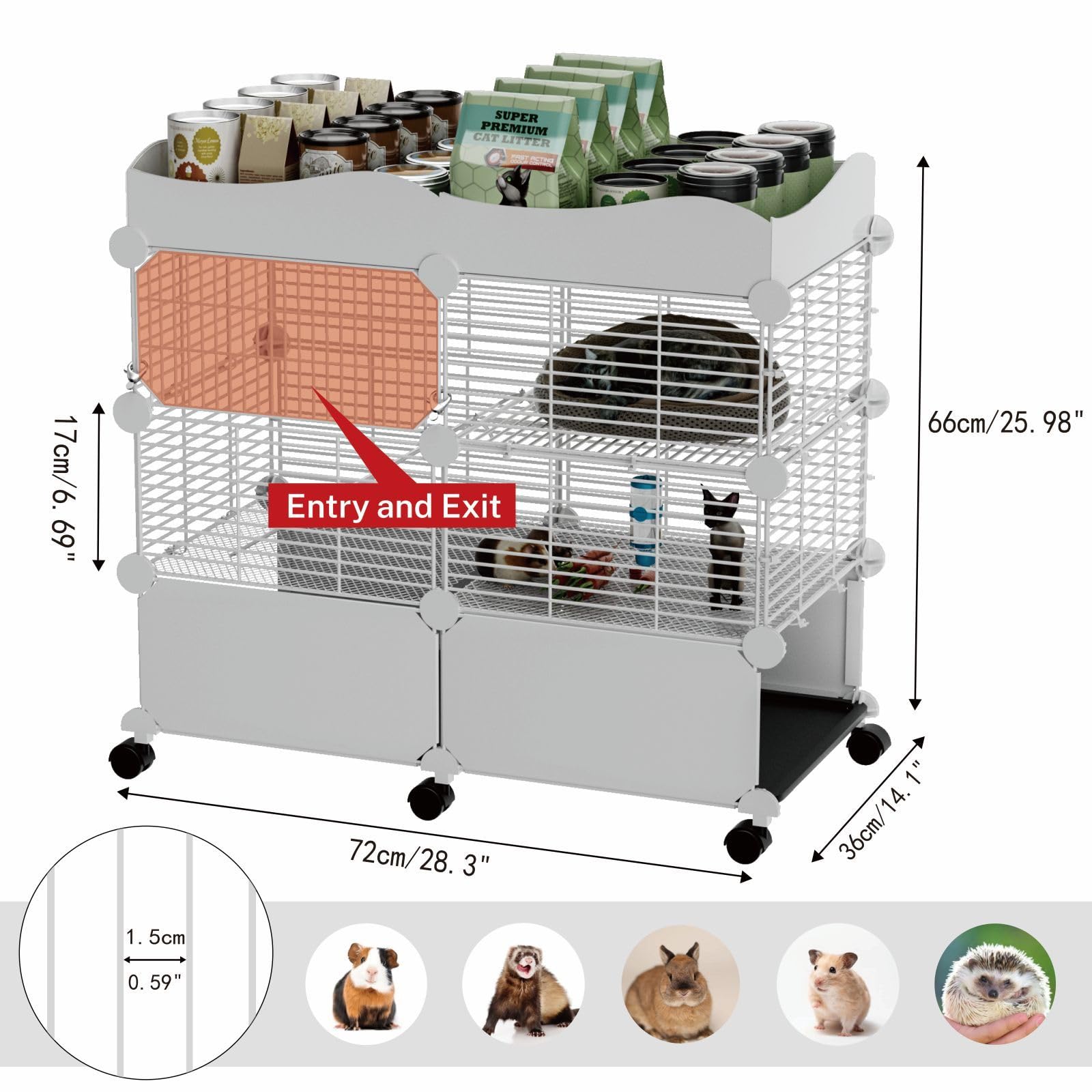 STILLCOVE Meerschweinchenkäfige mit 2 Etagen für den Innenbereich, mit Deckel und herausnehmbarem Tablett | Mit Plattform und Rampe, Universalrädern, C&C Kleintierkäfig für Frettchen, Hamster, Chinchilla, Igel, Maus, Haustier, Ratte