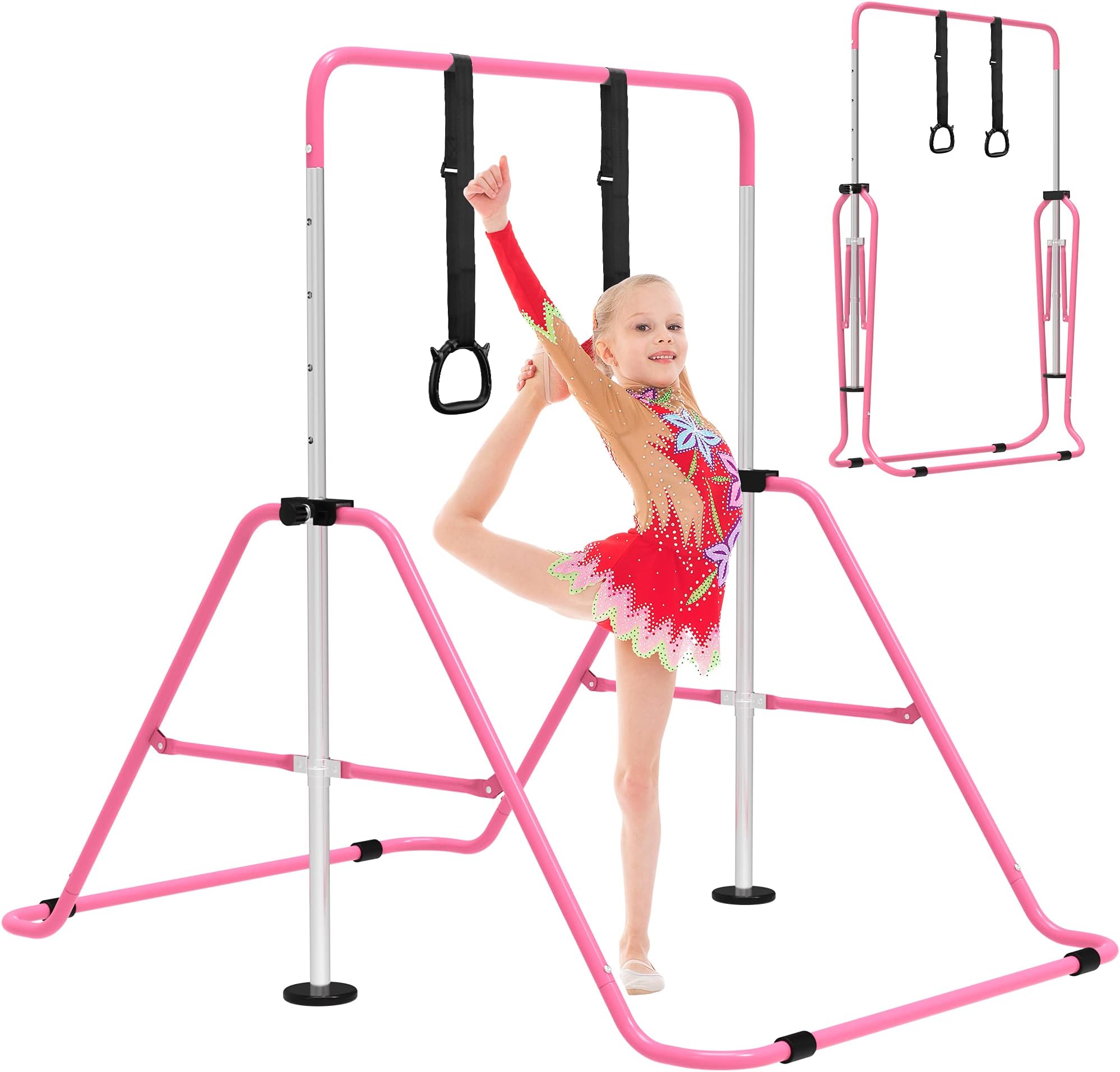 Gymnastics Bars for Home, Adjustable Height Folding Horizontal Bars, Junior Training Kip Bar Expandable Gym Equipment, Monkey Bar with Gymnastics Rings for Kids Gifts