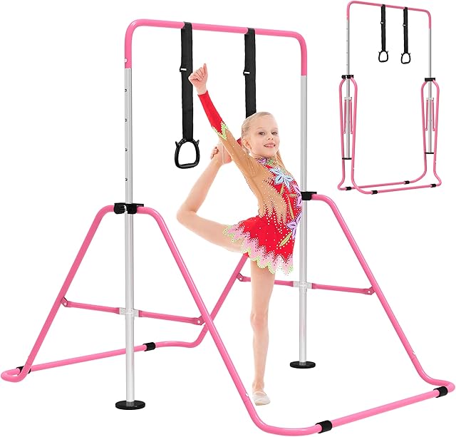 EVERYMILE Gymnastics Bars, Junior Training Kip Bar Gymnastics Equipment for Home,Adjustable Height Folding Horizontal Bar with Gymnastic Rings