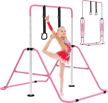 EVERYMILE Gymnastics Bars, Junior Training Kip Bar Gymnastics Equipment for Home,Adjustable Height Folding Horizontal Bar with Gymnastic Rings for Kid