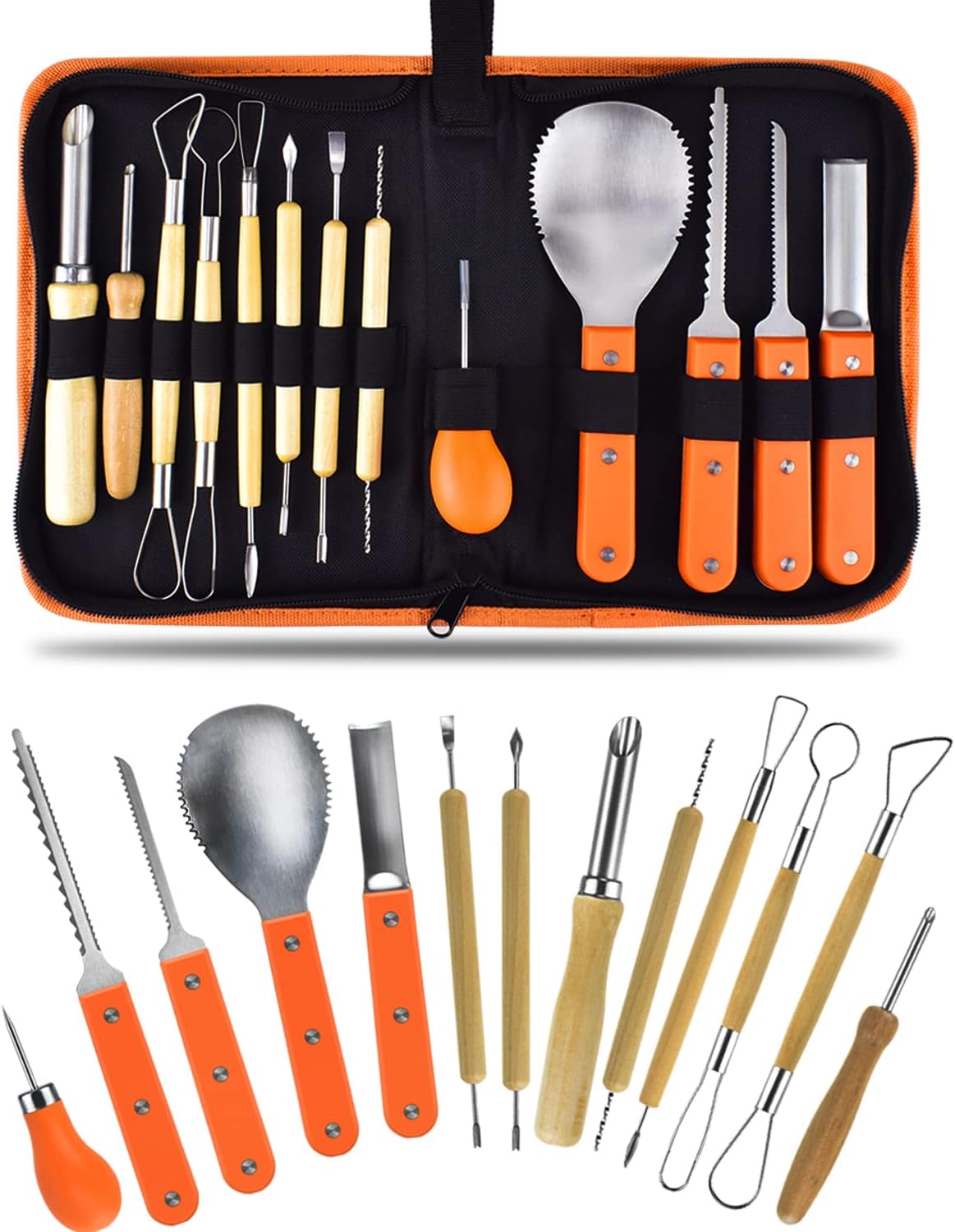 KATUMO Pumpkin Carving Kit, Professional Pumpkin Carving Tools Stainless Steel Cutting Supplies Double-side Sculpting Tool Set Carving Knife for Halloween Fruit Vegetable Food Garnishing with Handbag