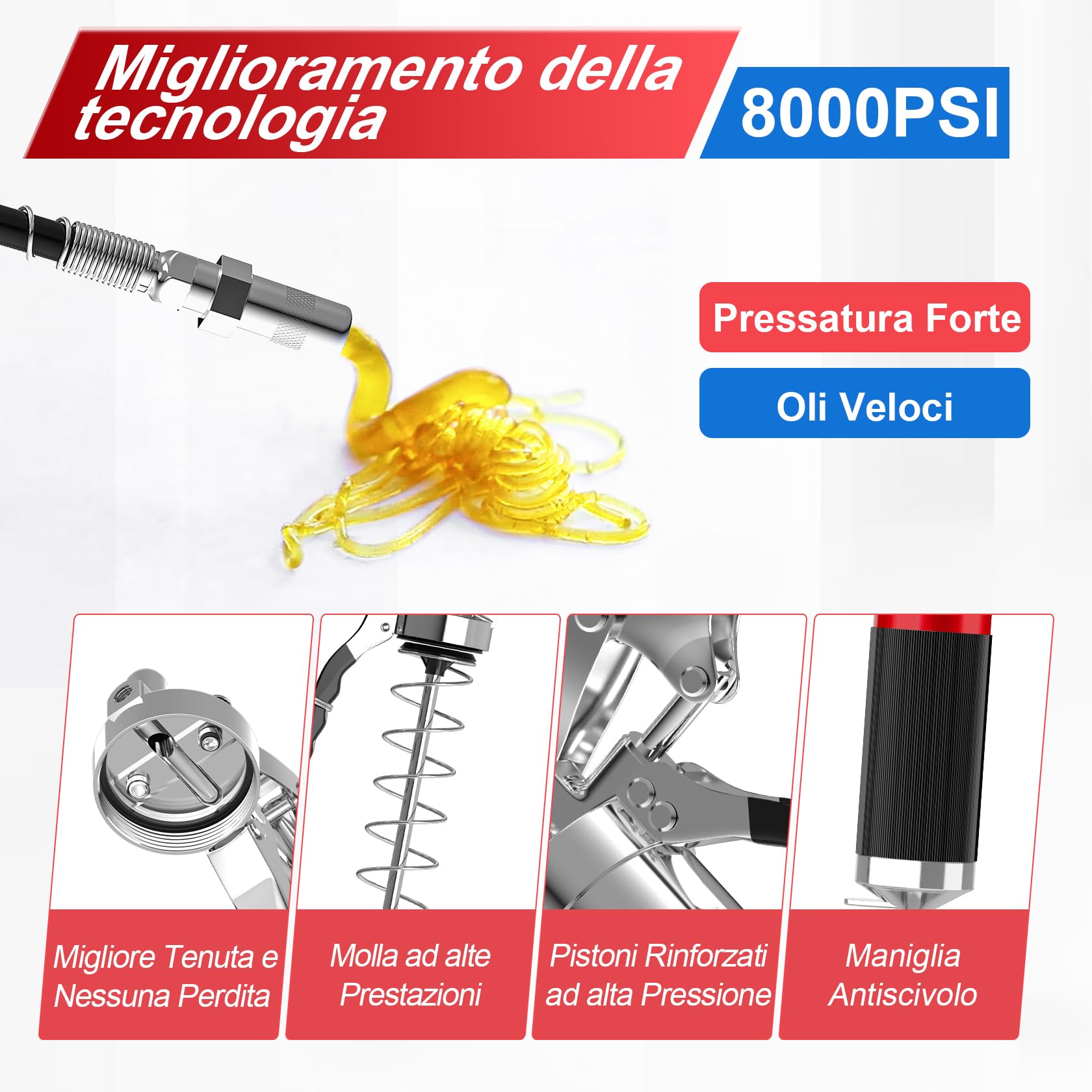 CarBole Ingrassatore 8000PSI con G Grasso Pistola Accoppiatore,Pistole per Grasso,con 3 Tubi Flessibili e Tubo di Prolunga in Metallo,Quattro Tipi di Ugelli,Compatibile con Cartuccia da 400cc