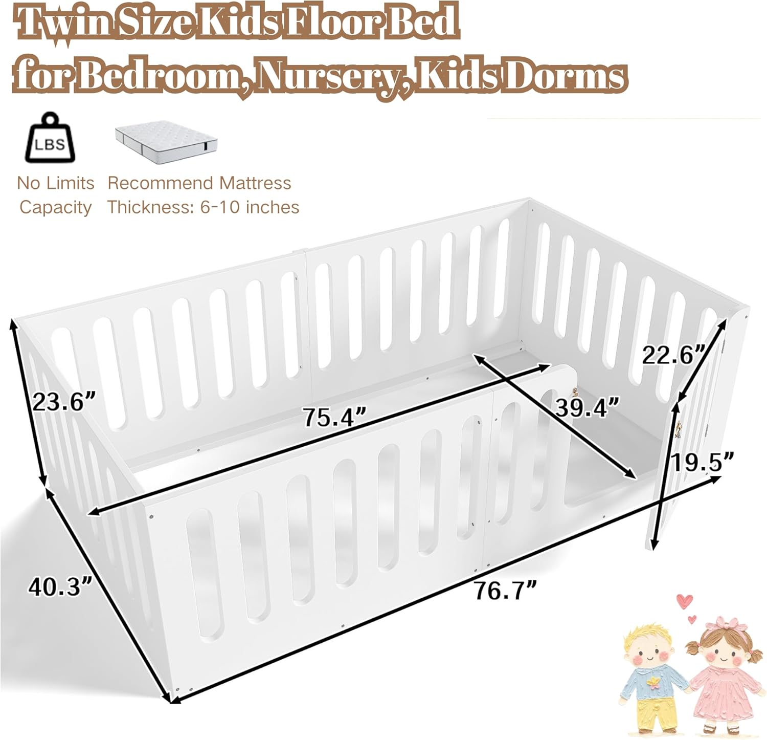 Twin Floor Bed with Full-upgraded Guardrails, Solid Wood Kids Floor Bed with Safety Door, Low-profile Montessori Floor Bed Frame for Kids, Boys, Girls, No Box Spring Needed & Childlike Design, White