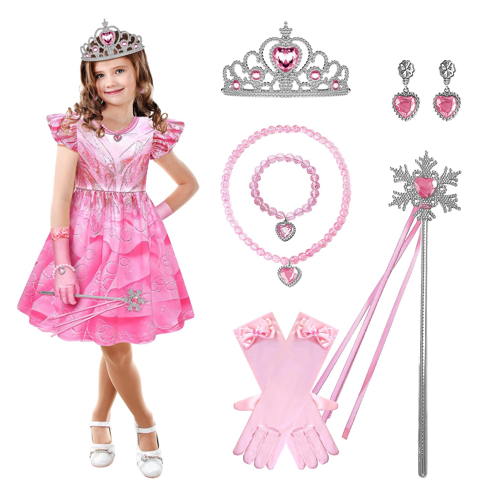 AENEY Kid Girls Wicked Glinda Costume, 7PCS Good Witch Dress with Glinda Wand Fairy Crown Gloves, Princess Cosplay Halloween Party (L/9-11 Years)