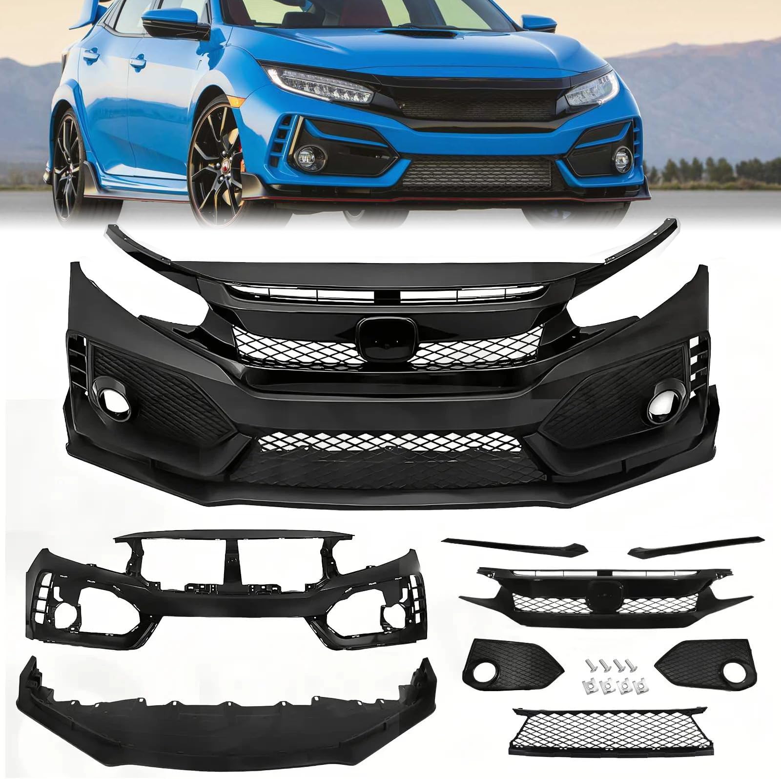 Front Bumper Grille Cover Kit Fit for 2016-2021 Honda Civic Type R Style Sedan, with Fog Light, Upper/Lower Grilles-Modification Parts