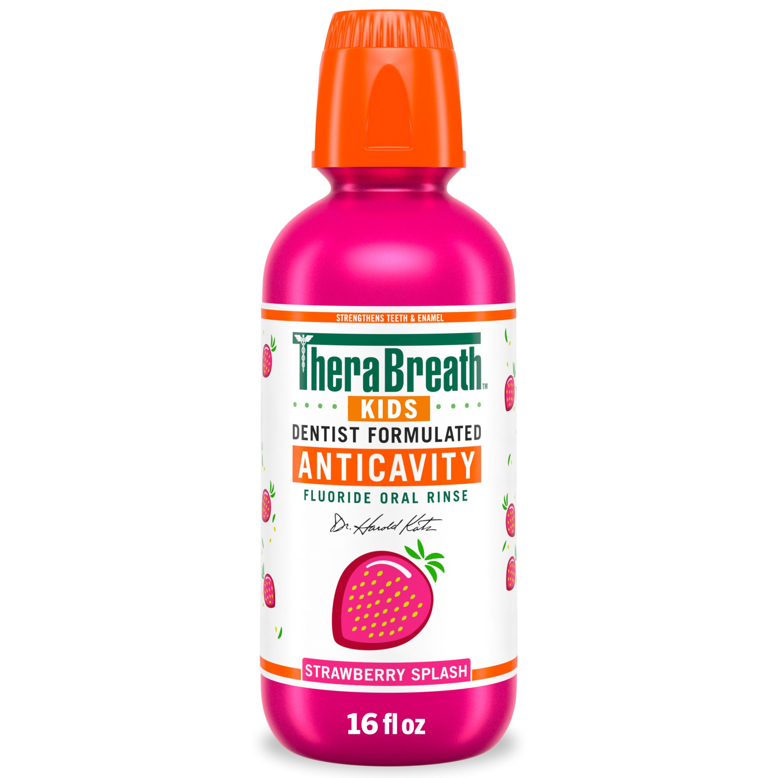 TheraBreath Kids Mouthwash with Fluoride, Organic Strawberry Splash, Anticavity, Dentist Formulated, 16 Fl Oz