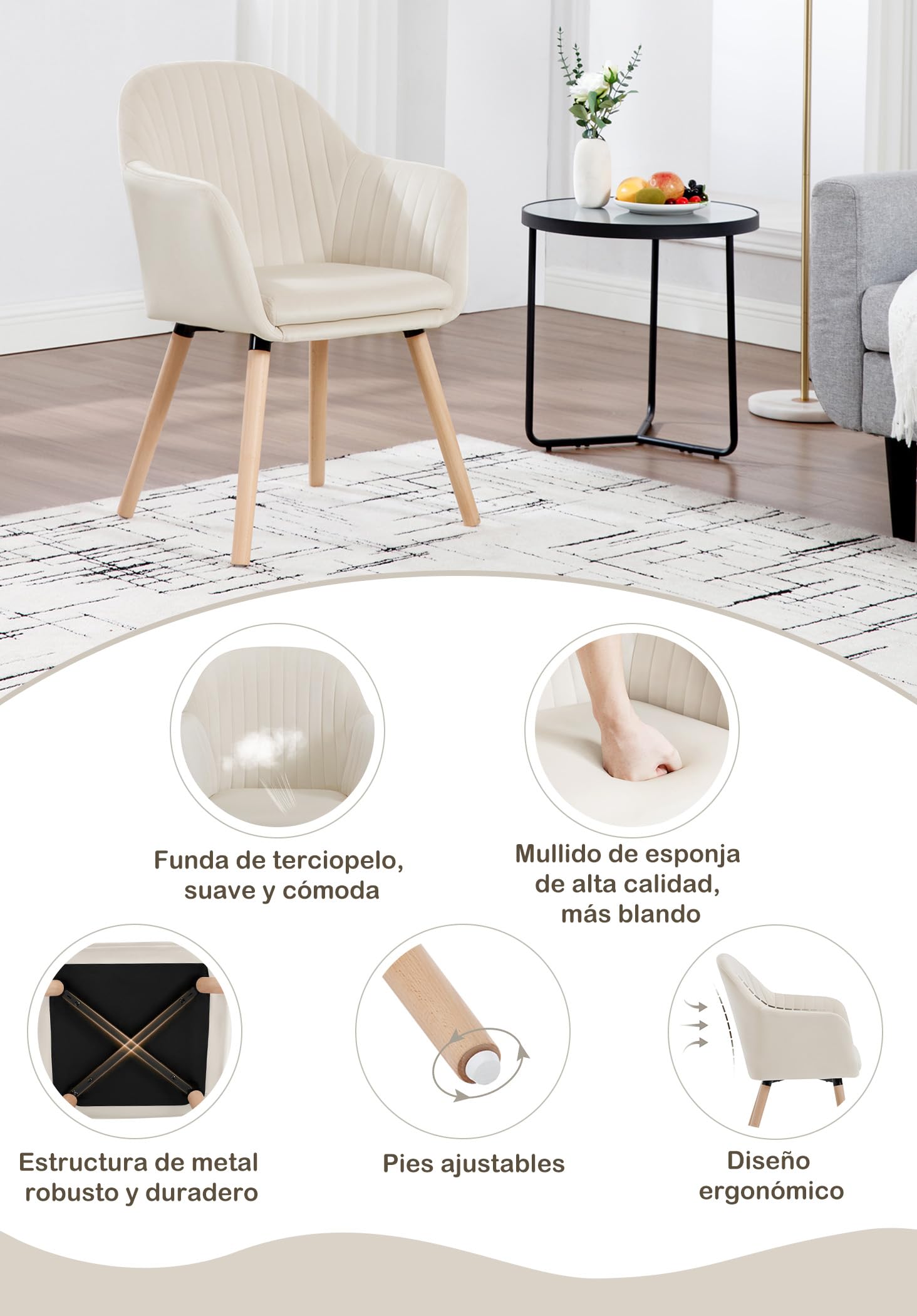 WOLTU Juego de 2 Sillas de Comedor y Cocina con Respaldo Mediano,cojín Doble de Terciopelo y Patas de Estructura de Madera,adecuadas para salón y Dormitorio,Blanco Crema