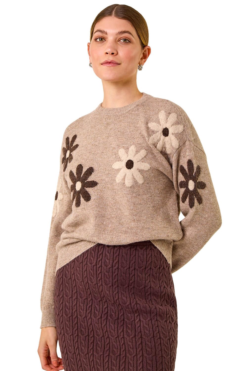 Roman Women's Beige Floral Print Crew Neck Knit Jumper