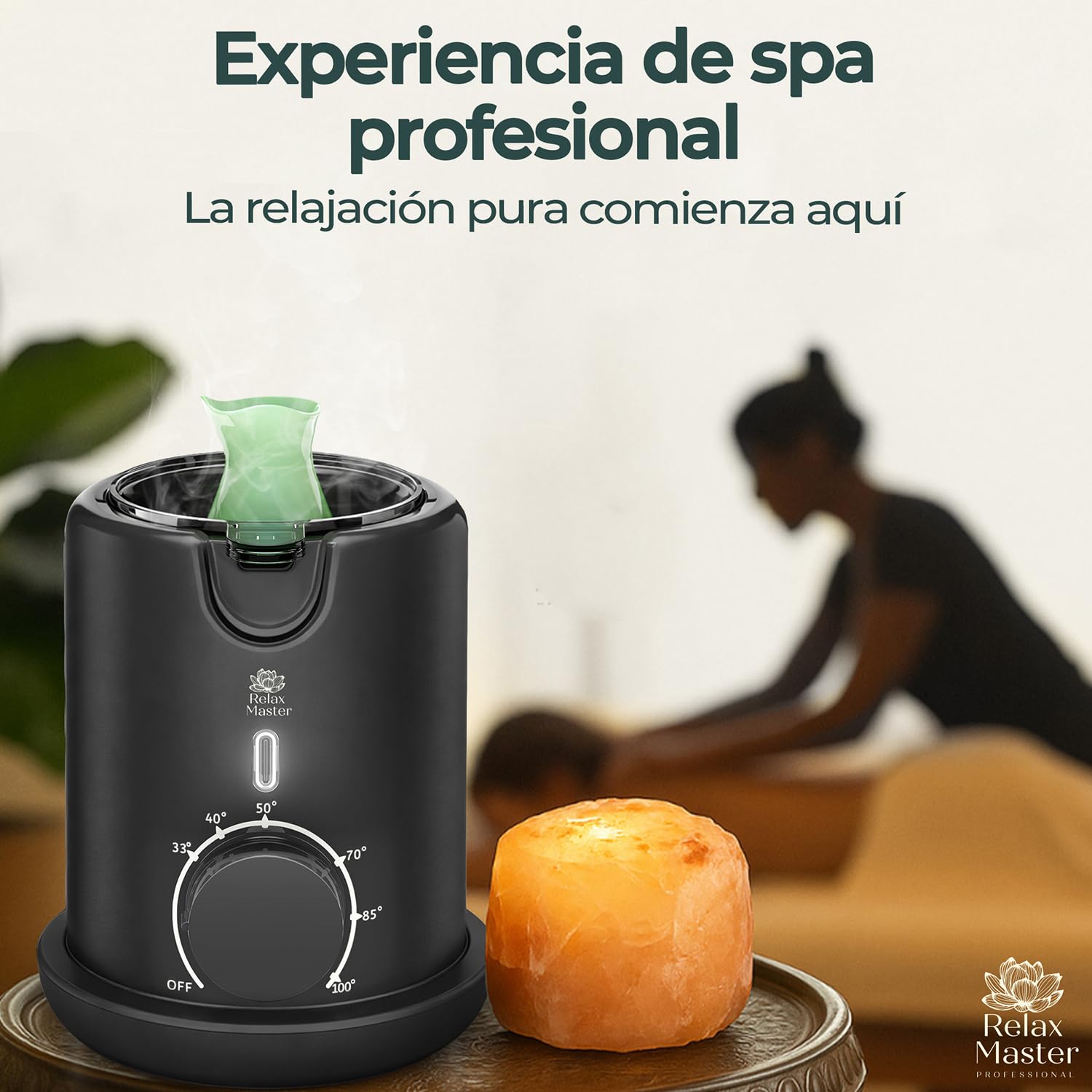 Relax Master Calentador de Aceite de Masaje – Jarra Vertedora de Cerámica – Temperatura Ajustable 33–100 °C – Calentamiento Rápido – Sistema Baño María.
