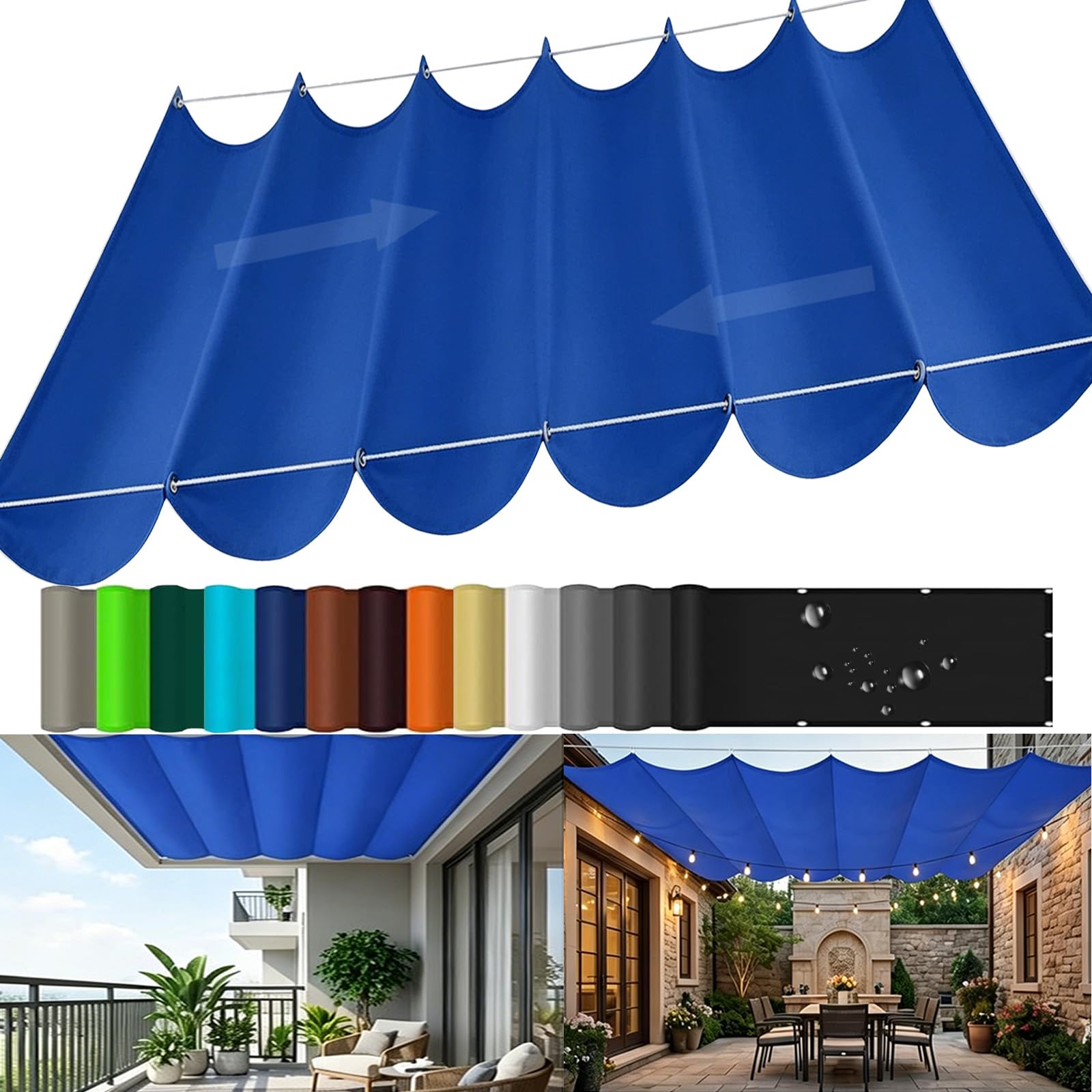 Retractable Wave Sun Shade Sail, Sun Protection Waterproof Wave Awning Canopy with Eyelets and Rope, Outdoor Pergola Adjustable Shade Cover for Yard Deck Lawn Garden Patio-Sapphire blue||120x750cm