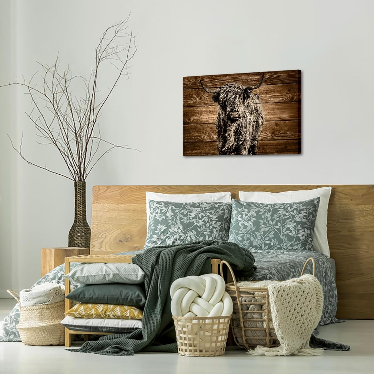 KREATIVE ARTS Highland Cow Wall Art Canvas Sepia Longhorn Cattle Painting Vintage Wood Background Giclee Prints Large 24x36 Farmhouse Decor Ready to Hang