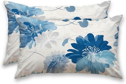 HOMETITUTE Spring Pillow Covers Decorative Set of 2 Satin 12x20 Inch Blue Floral