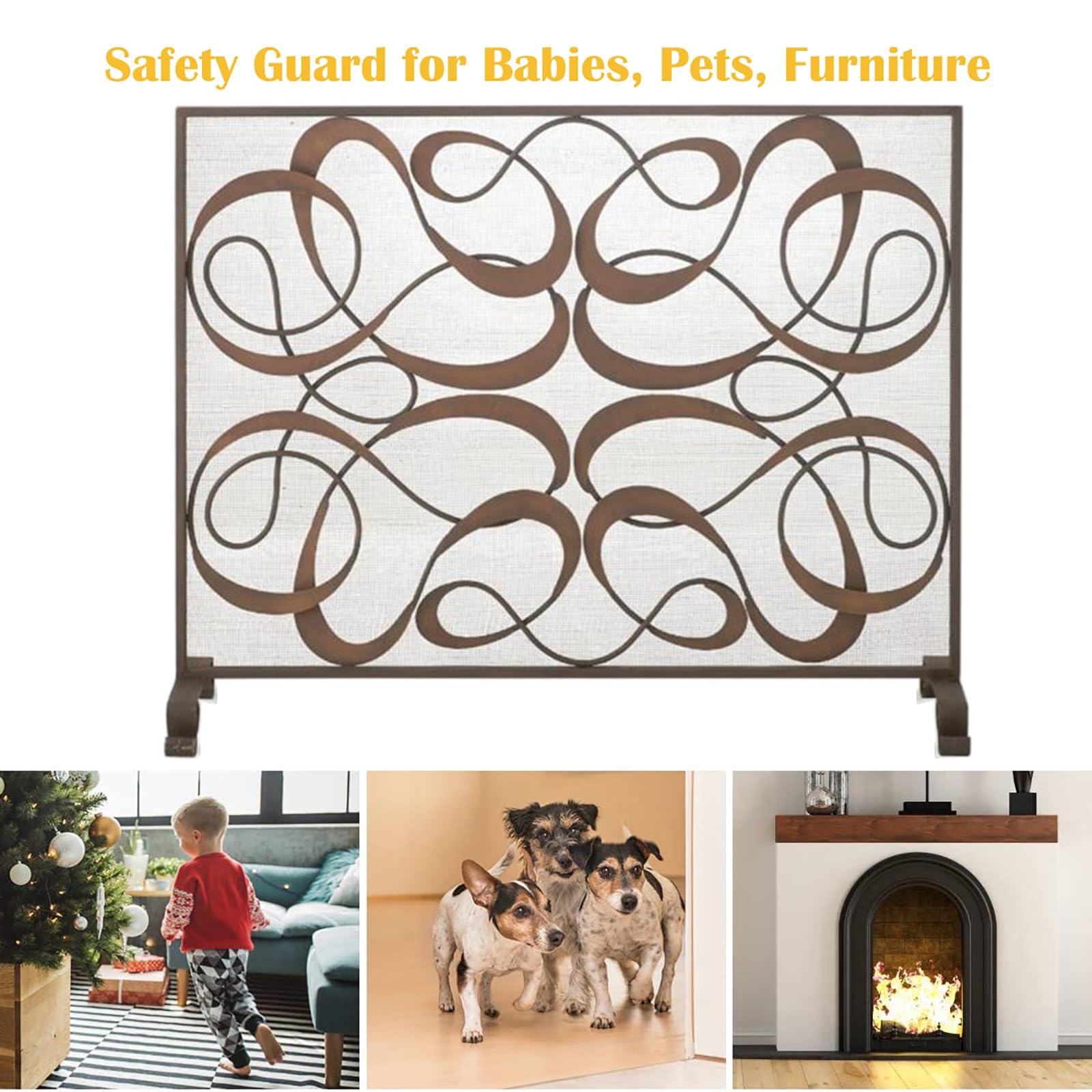 Handgefertigter Schmiedeeisen-Feuerschutz – Einzelpaneel-Kamin-Funkenschutz, 98 × 78 cm, strapazierfähiges Netz für Wohnzimmer und Ofen – stilvolles braunes Design