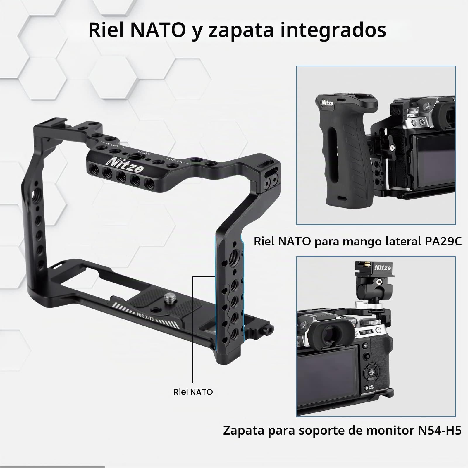 Nitze XT5 Jaula para Cámara Fujifilm X-T5, con NATO Riel, Placa QR - T-F03A