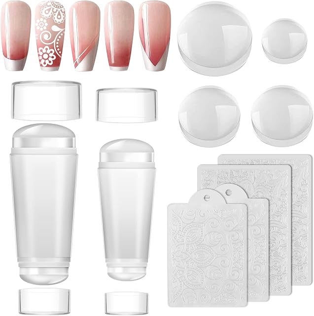EBANKU 2PCS Clear Nail Stamper, Double Sided Silicone Jelly Stampers with 4PCS Scrapers and 4PCS Silicone Replace Nail Art Stamper Heads for Manicure Tools