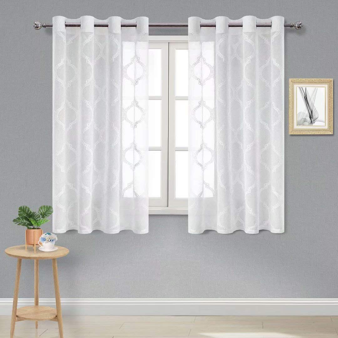 DWCN Moroccan Embroidered Sheer Curtains - Faux Linen Grommet Top Geometric Lattice Semi Voile Bedroom and Living Room Curtains, Set of 2, 52 x 54 Inch Length, Off White