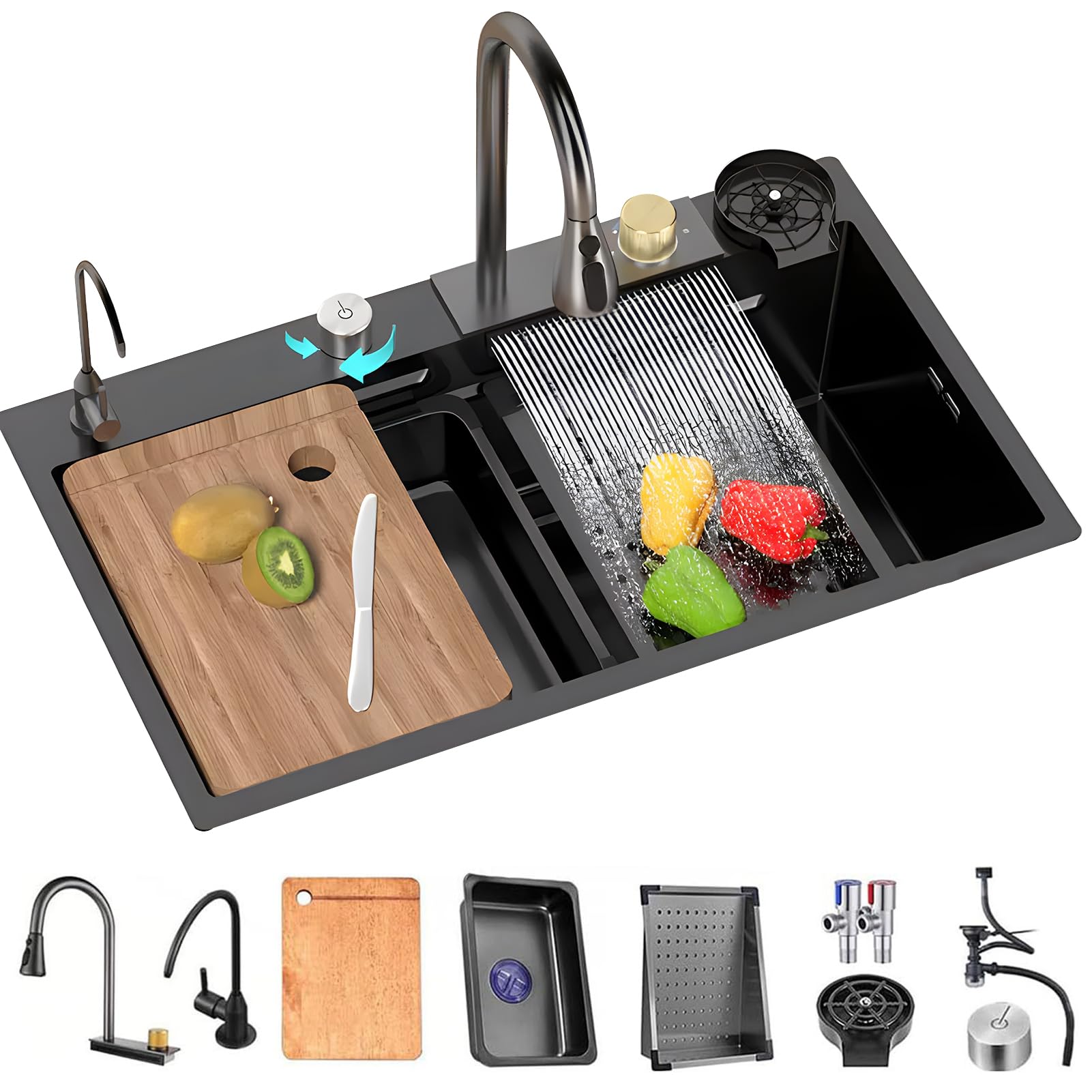 Évier cascade noir avec commande de comptoir évier de cuisine une cuve inox 304