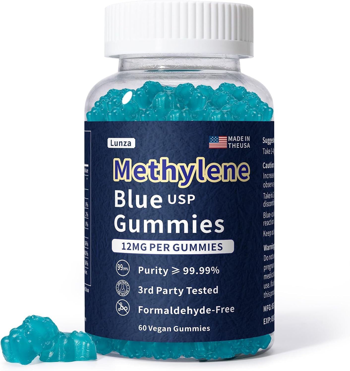 Methylene Blue Gummies Pharmaceutical Grade (12 MG), Made in USA Brain Supplement Support Mental Clarity, Memory, Focus, Cognition & Natural Energy, Formaldehyde Free, 60 Gummies