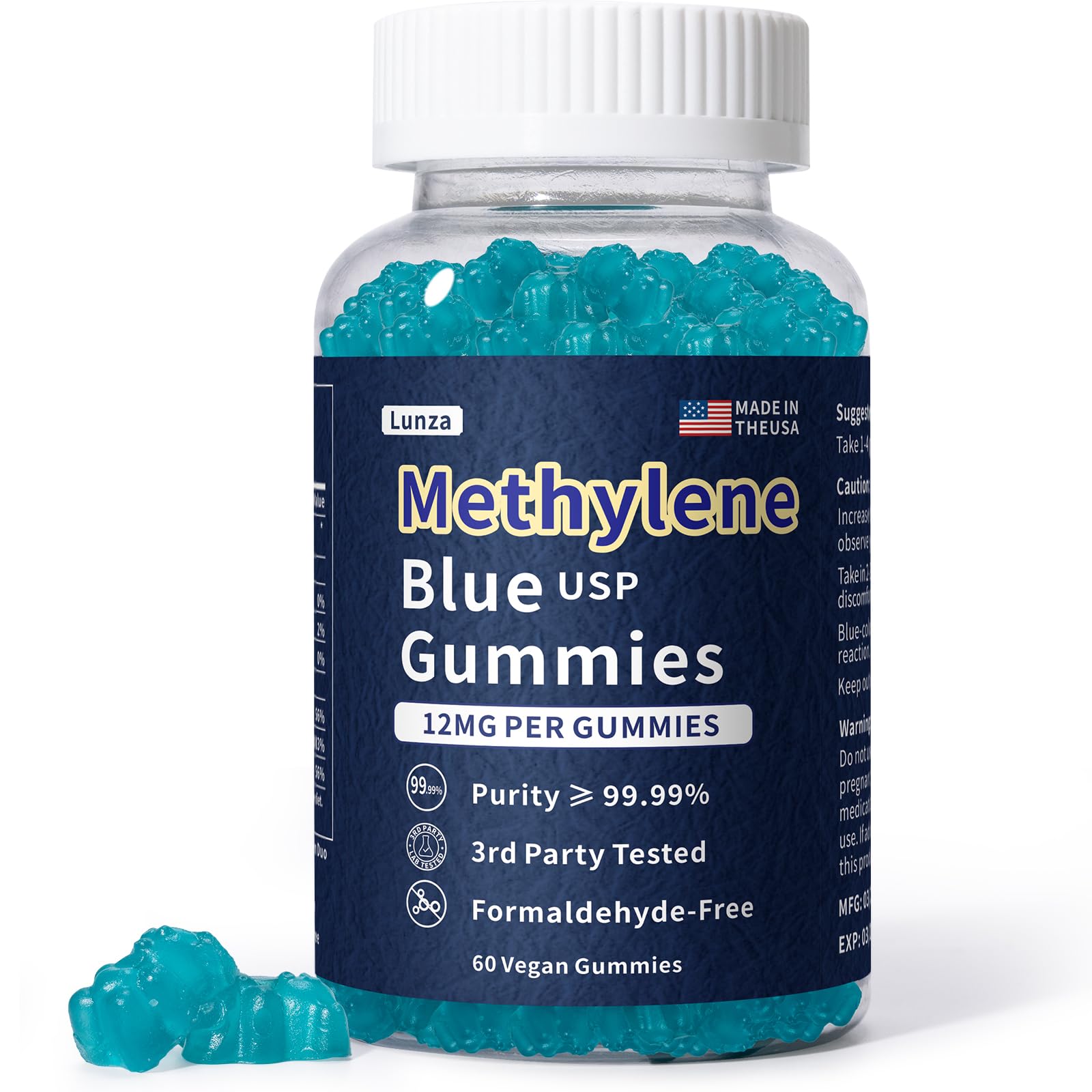 Methylene Blue Gummies Pharmaceutical Grade (12 MG), Made in USA Brain Supplement Support Mental Clarity, Memory, Focus, Cognition & Natural Energy, Formaldehyde Free, 60 Gummies