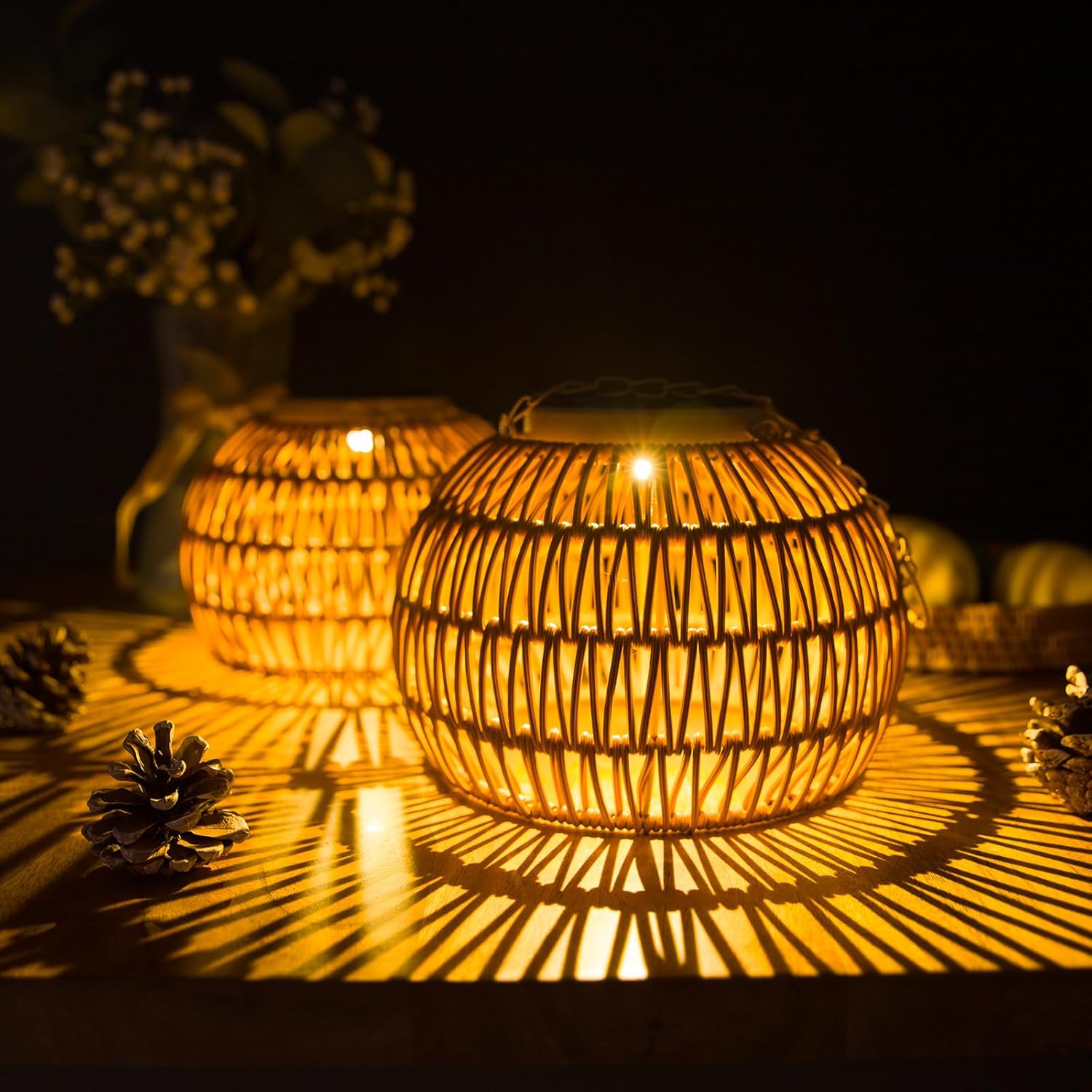 Hanging Solar Outdoor Lanterns Waterproof, Rattan Lights Hanging for Outside, Chandelier Solar Outdoor Idea for Gazebo Pergola Porch Patio Yard Garden Pathway Decor, 2 Pack