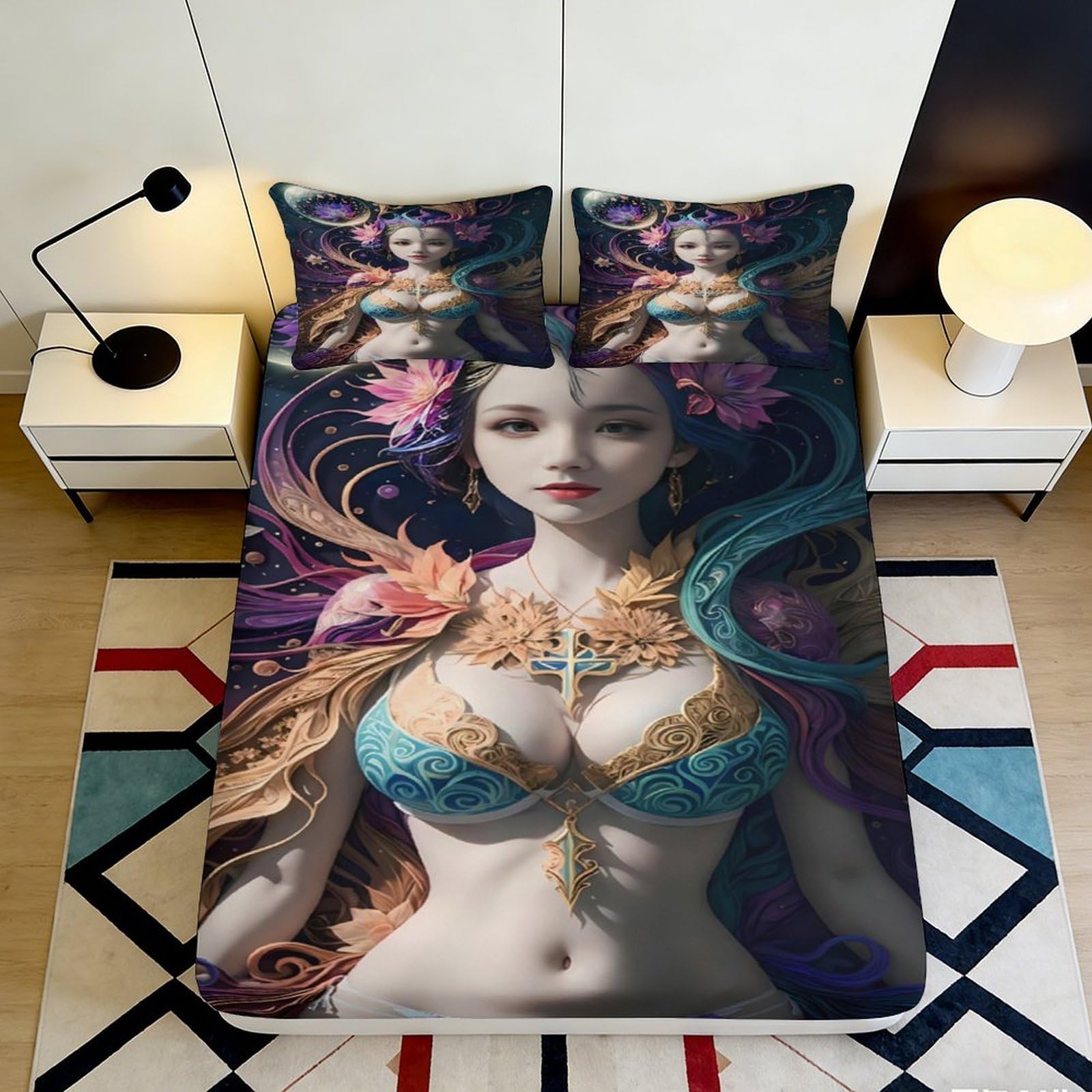 3D Printed Fantasy Goddess Fitted Sheet Microfiber Soft Art Bed Cover for Bedroom Dorm Mattress Decor 90x200x25cm