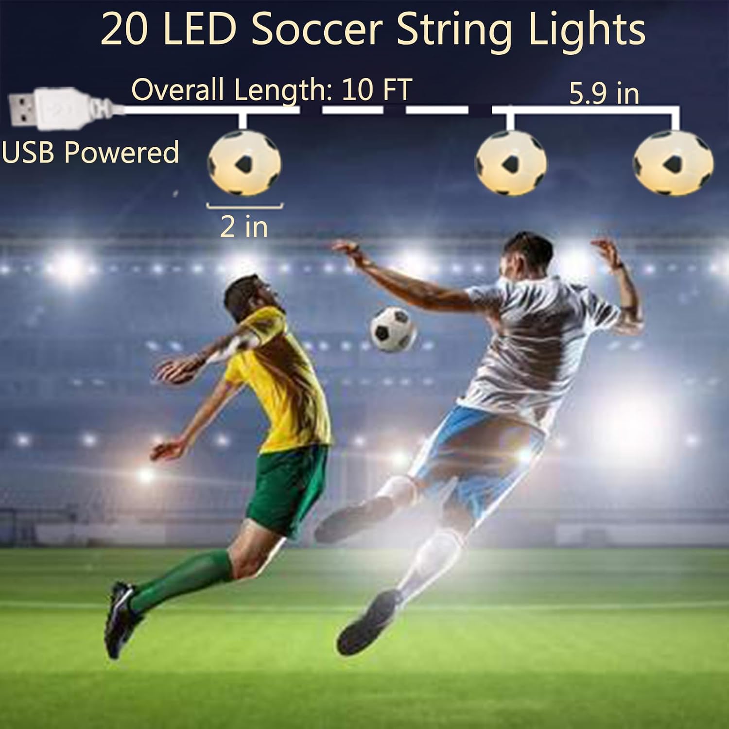 Soccer Ball String Lights, 20 LED, 10ft, Warm White | USB-Powered, Indoor Decorative Lighting, Soccer Themed, Perfect for Sports Fans