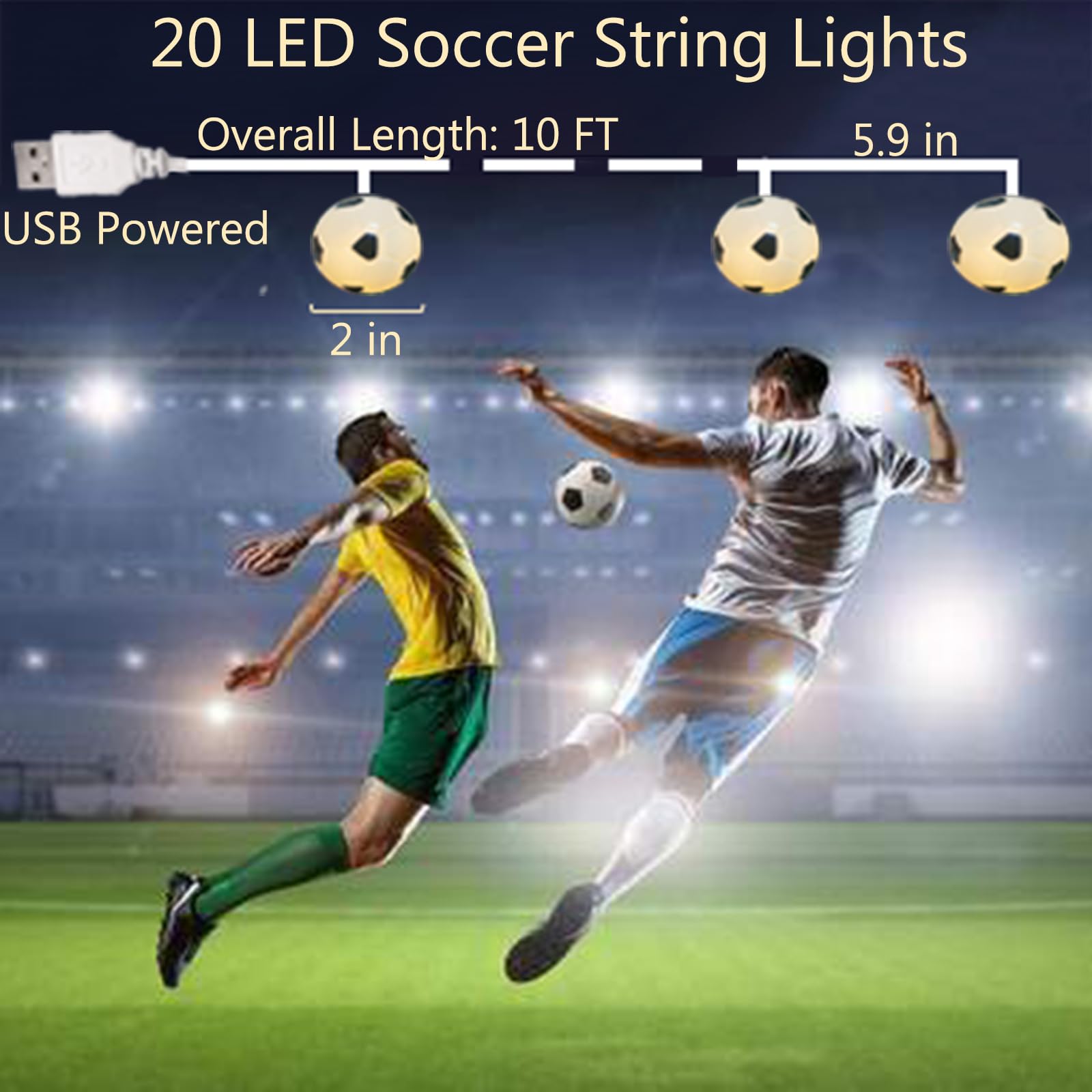 Fußball-Lichterkette, 20 LED-Kugeln, 3 m USB-betriebene Fußball-Themen-Lichterkette, warmweiß, perfekte Fußball-Dekorationen für Sportfans, dekorative Beleuchtung für den Innenbereich