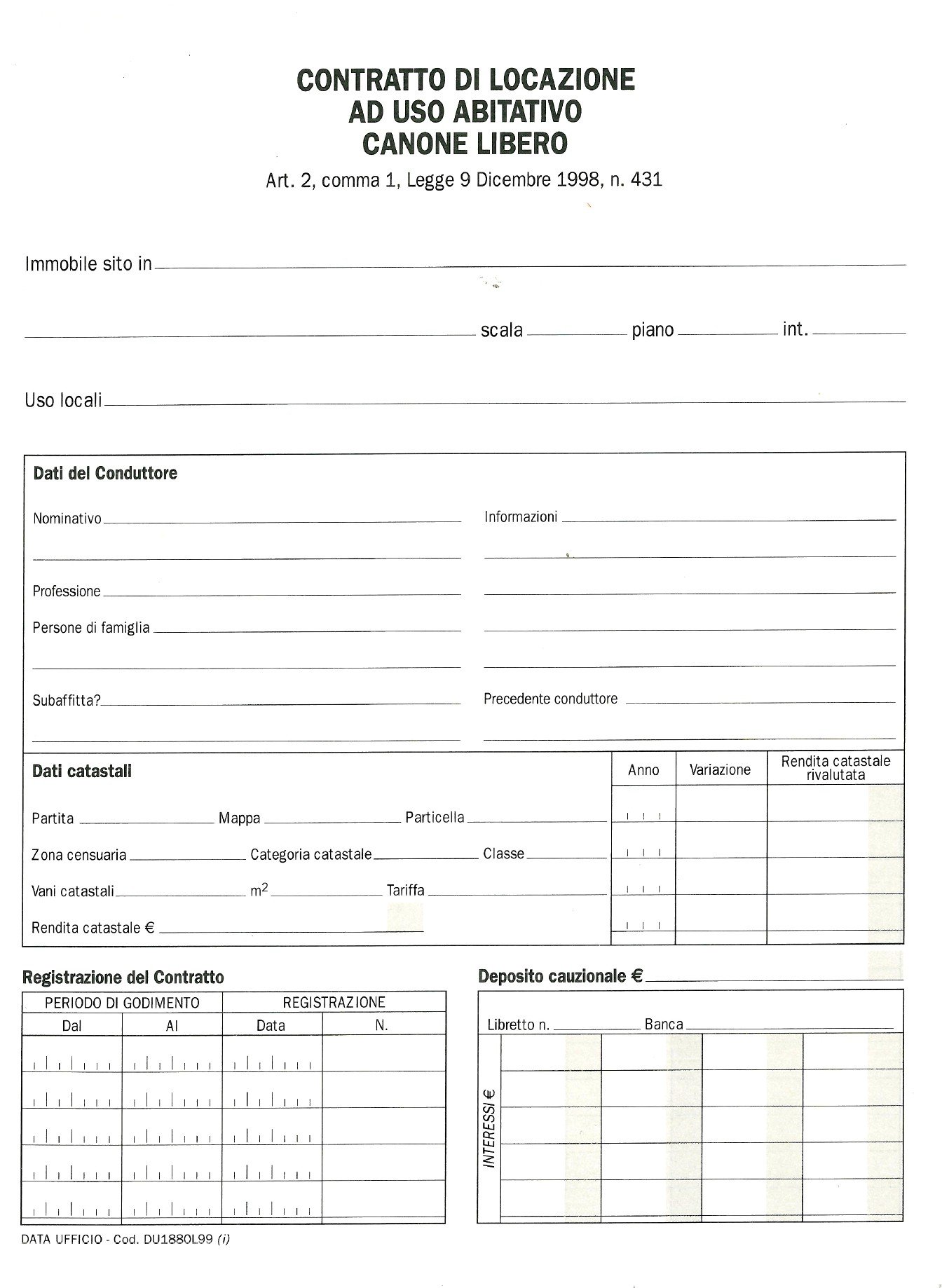 Contratto di Locazione ad uso Abitativo Canone Libero DU1880L9900
