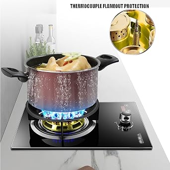 Gas Hob Built-In Gas Cooktop 5.2Kw Glass Cooker Hob 1 Burner, With Zinc Alloy Knob & Flame Failure Protection E NG C LPG