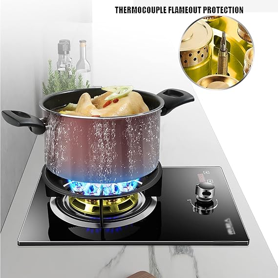 Gas Hob Built-In Gas Cooktop 5.2Kw Glass Cooker Hob 1 Burner, With Zinc Alloy Knob & Flame Failure Protection E NG C LPG